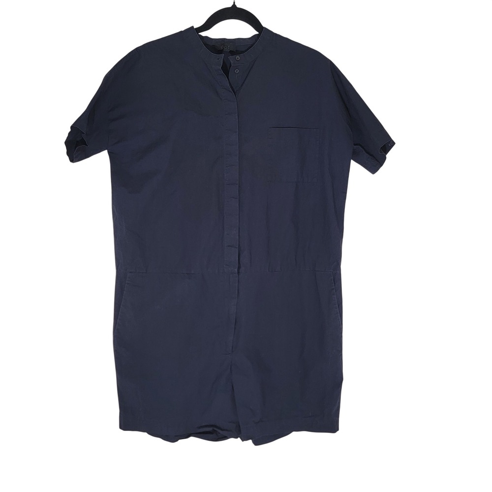 COS Navy Blue 100% Cotton Short Sleeve Button Front Romper Jumpsuit Small